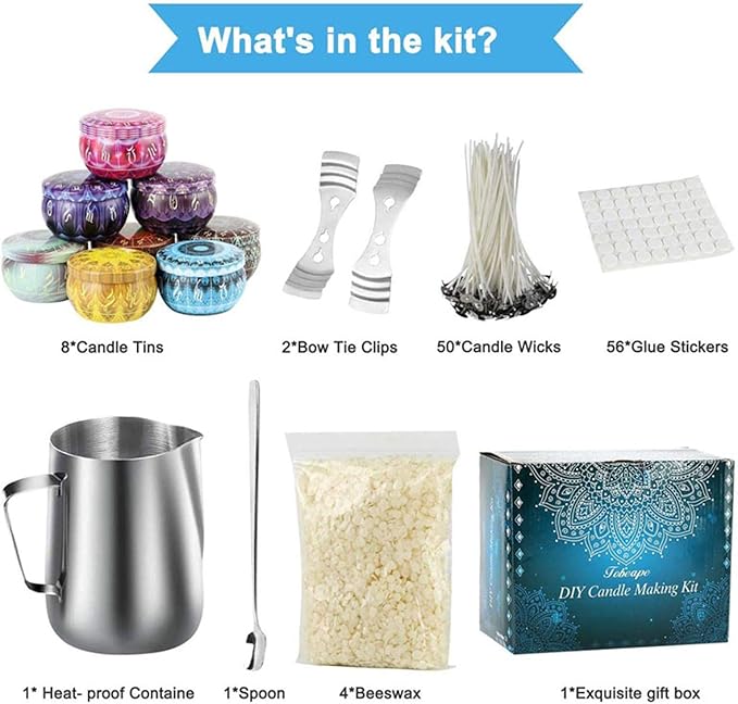 Eacam Scented Candle DIY Kit, 550ml Cup Beeswax Wicks Jars Spoon, Soy Wax Set for Beginner Candle Making Tool, With 8 Portable Tin Cans for Gifts and Ornaments