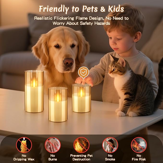 3PC Rechargeable Led Candles, Flameless Flickering with Remote & Timer, with Real Wax Candle in Glass Warm Color Light, Lasting for 200+ Hours for Festival, Party, Bedroom, Living Room Decor, Amber
