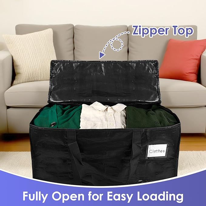 SINLAND 4 Pack Extra Large Heavy Duty Moving Bags with Strong Zippers, Reinforced Handles and Tag Pocket, Packing Totes Supplies for College Dorm Room, Packing Bags for Saving Space (Black)