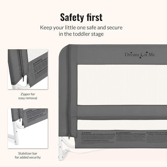 Dream On Me Lightweight Mesh Security Adjustable Bed Rail for Toddler, Breathable Mesh Fabric, Suitable for All Types of Beds, Reinforced Anchor System Bed Guard Rail, Grey