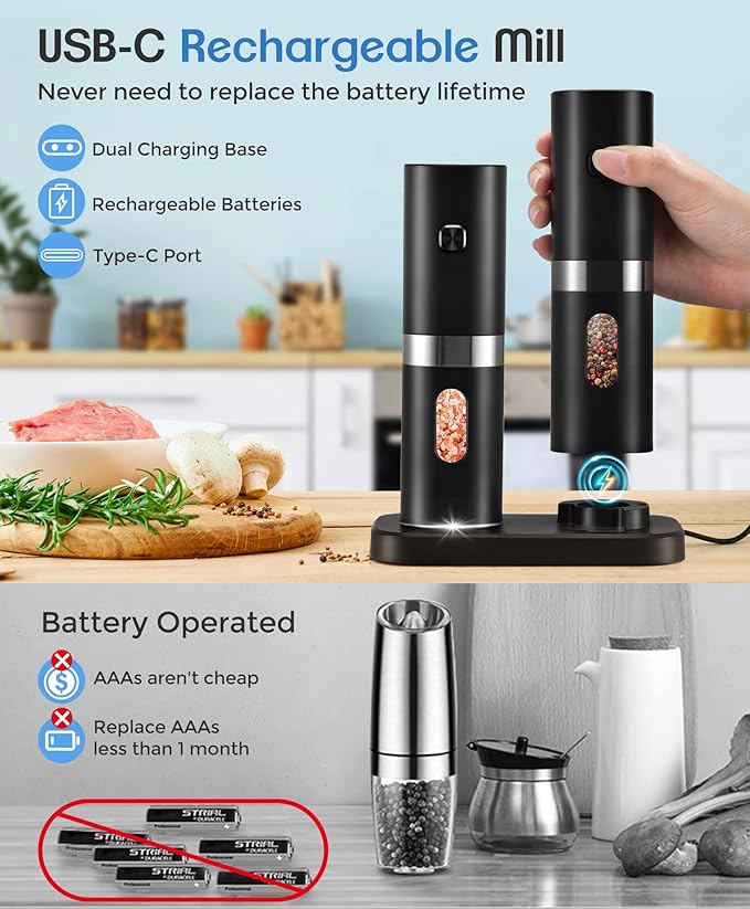 Electric Salt and Pepper Grinder Set, New Rechargeable Salt and Pepper Mill with Charging Base, Adjustable Coarseness Shakers with LED Light, One Hand Operation for Kitchen Appliances Gifts for Women