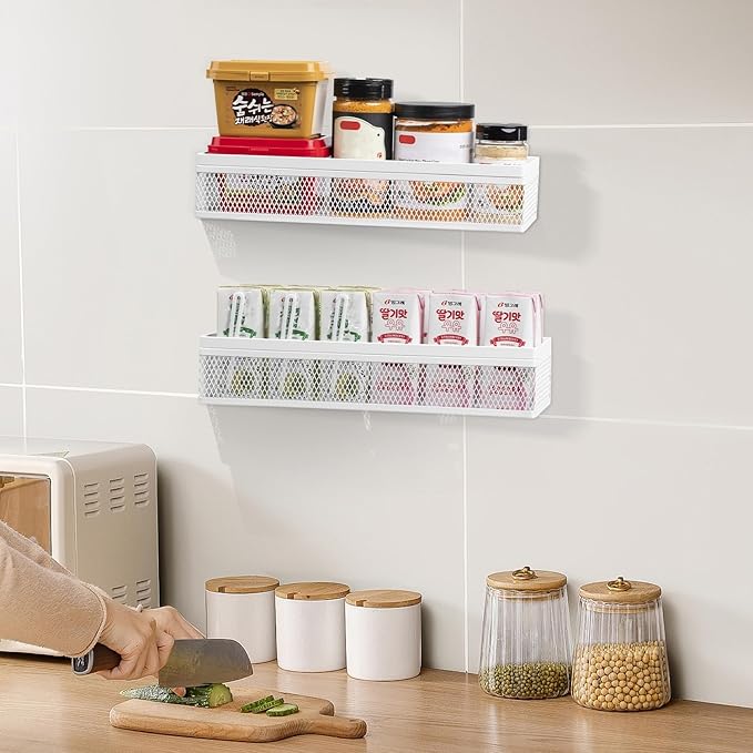 Wetheny Hanging Wall Mount Storage Baskets with Adhesive Hooks & Screwing, Metal Wire Organizer Baskets for Home Decor, Kitchen, Bathroom, Pantry, Laundry, Closet, Garage, RV Black 2 Packs (White)