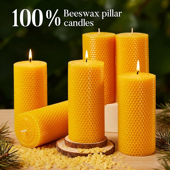 Beeswax Pillar Candles, 3x6 Inch -Set of 3 Hand-Rolled Honeycomb Candle - Long Burning 270+ Hours, Dripless Smokeless Unscented Handmade Beeswax for Home Decor, Prayer, Wedding,SPA