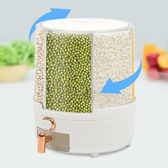 14.33lbs Grain Storage Container Dispenser - 6 Grid 360 Rotating Dry Grain and Cereal Dispenser with Lid for Store Rice, Beans