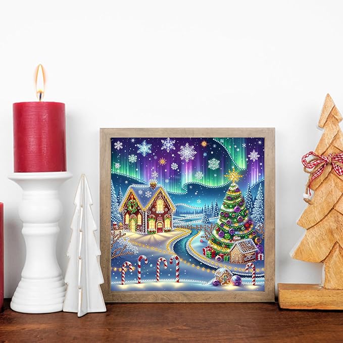 5D Aurora Xmas House Special Shape Diamond Art Kits for Beginners, Christmas Winter Theme Diamonds Painting Kits for Adults,DIY Crystal Rhinestones Diamond Paintings for Home Wall Decor 12×12Inch