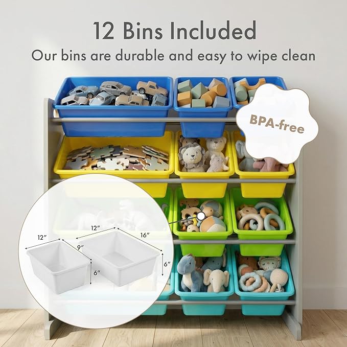 Humble Crew Kids Toy Storage Organizer with 12 Plastic Bins, Grey/Blue/Green/Yellow – Removable Bins for Playroom, Bedroom, Toddler Furniture for Boys and Girls Ages