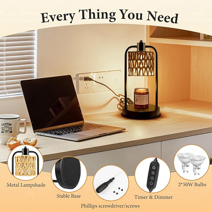 Candle Warmer Lamp with Timer Light: Electric Wax Melt Warming Dimmable for Yankee Candles Large - Birthday Christmas Gift for Women Mom, Room, New Home Decor, Vintage House (Black + Brown Hemp Rope)