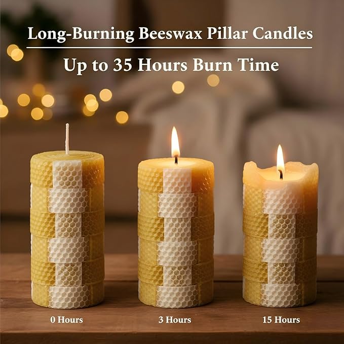 Hand Rolled Beeswax Pillar Candles 2 Packs, Non Toxic Beeswax Candles-70 Hours Long Burning, Organic Emergency Bees Wax Candles for Home, Paryer, Parties, Unscented Dripless Smokeless Candles, 2x4in