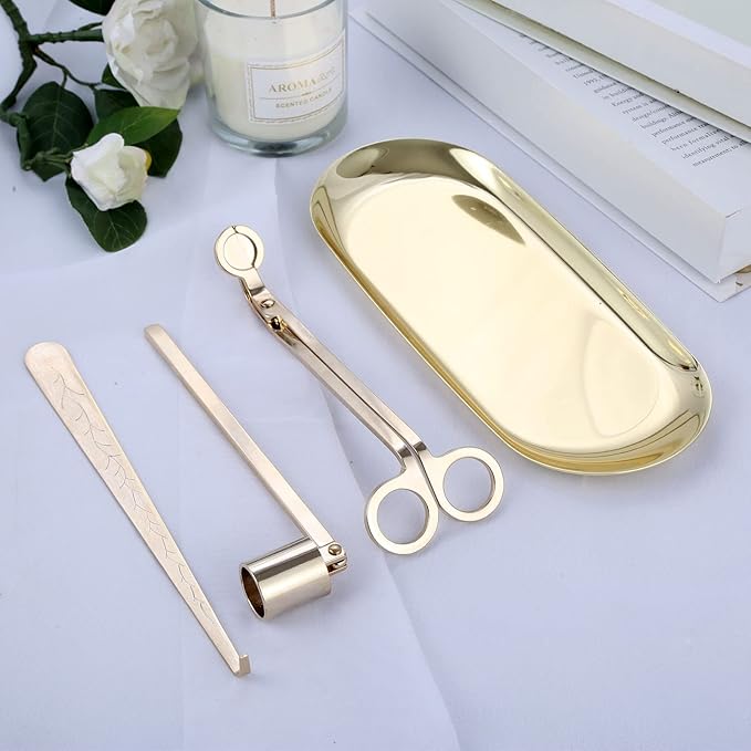 MUXSAM 4 in 1 Candle Accessory Set - Wick Trimmer, Dipper, Snuffer, Storage Tray Plate, Candle Care Tools Gift for Lovers of Home Decoration (Gold)