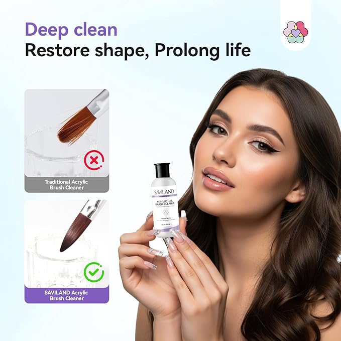 SAVILAND Acrylic Nail Brush Cleaner: 3-Minute Deep Clean & Conditioning Liquid, Plant-Based Cleaner Conditioner Preserver Restorer for Acrylic Nail Brushes, Home DIY & Salon Use, 5 OZ