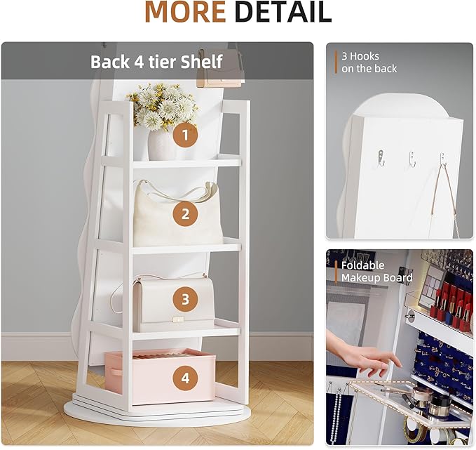 Lvifur 360° Swivel Jewelry Cabinet with Lights,LED Jewelry Organizer with Full Length Mirror, Lockable Wavy Mirror Jewelry Cabinet Standing with Rear Storage Shelves,Makeup Tray,White