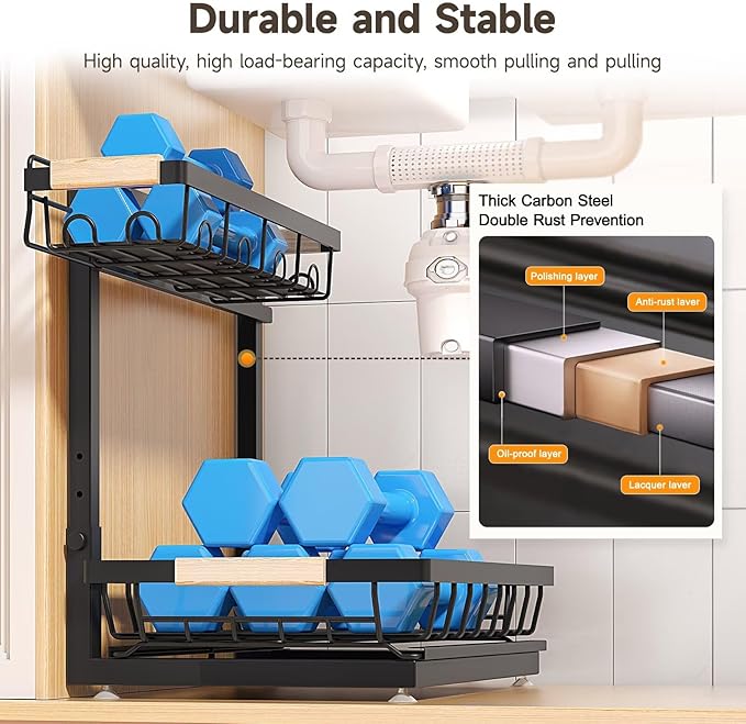 2 Packs Under Sink Organizer, Height Adjustable 2 Tier Under Kitchen Sink Organizer, Multi-Purpose Storage Shelf for Kitchen Bathroom Cabinet (Black, Extra Large)