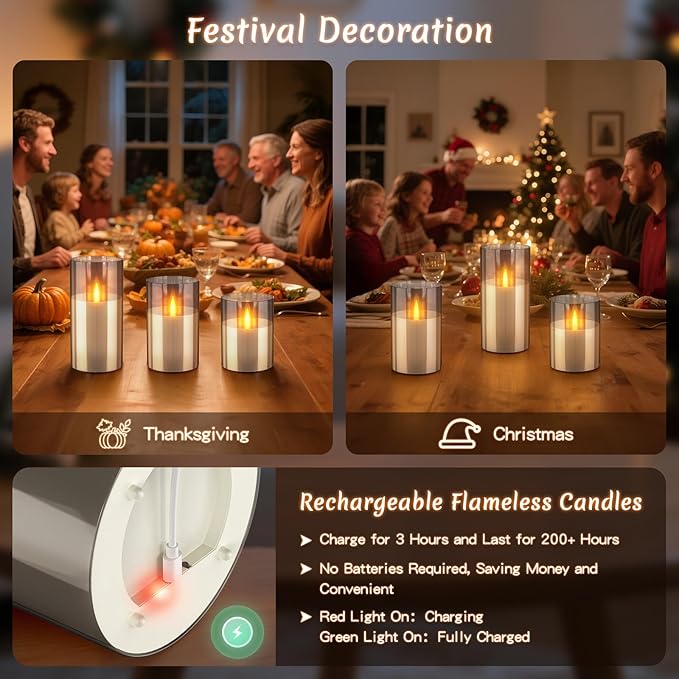 3PC Rechargeable Led Candles, Flameless Flickering with Remote & Timer, with Real Wax Candle in Glass Warm Color Light, Lasting for 200+ Hours for Festival, Party, Bedroom, Living Room Decor. Gray