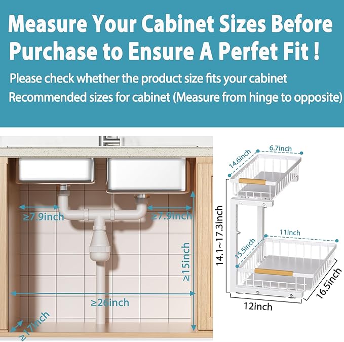 Liuoud Under Sink Organizer Storage 1 pack, 2 Tier Slide Out Height Adjustable Pull Out Cabinet Organizer Drawers, Kitchen Bathroom Large Capacity Metal Under Sink Rack Caddy Basket Shelves, White