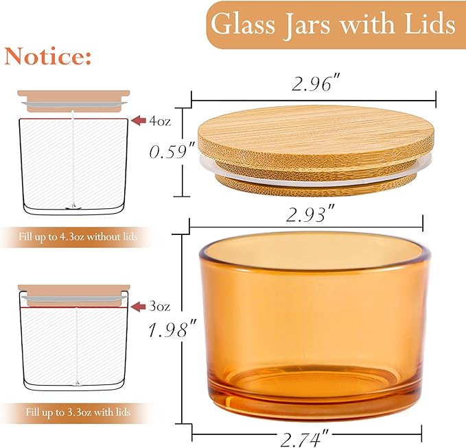 CONNOO 15 Pack 4oz Orange Glass Candle Jars with Airtight Bamboo Lids for Making Candles, Bulk Small Wide Mouth Empty Candle Containers with Sticky Warning Labels - Dishwasher Safe