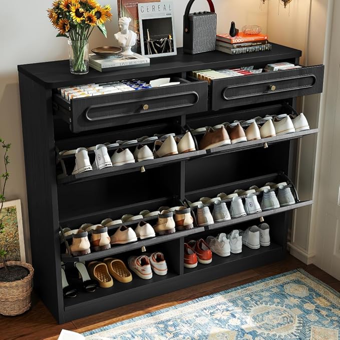 Wooden Shoe Cabinet with 4 Flip Drawers 2 Storage Drawers Farmhouse Style Shoe Organizer for Classified Storage Black (Black)