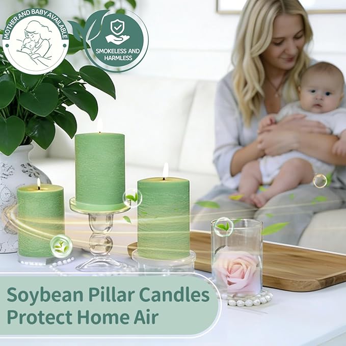 6 Pack Sage Green Soy Pillar Candles,Natural Soybean Pillar Candles,330 H Long Lasting Burning-Unscented,Dripless and Smokeless Rustic Hand-Poured Candles Dinner Table,for Wedding,Home 2.8x4in