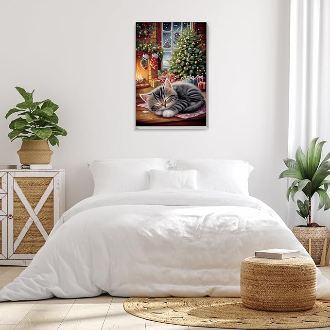 Bowetile Christmas Paint by Numbers for Adults Beginners Framed, Adults' Paint-by-Number Cat Kits on Canvas, Acrylic Number Painting Christmas Gifts for Home Wall Decor, 8x12in