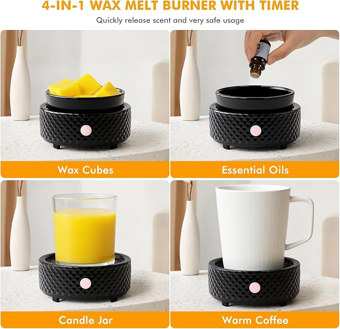 Wax Melt Warmer with Timer Ceramic 4-in-1 Candle Warmer with Auto Shut-Off for Scented Wax Melts, Candle Jars, Essential Oil, Coffee Cup Warmer Wax Burner Home Decor Fragrance Gifts for Women - Black