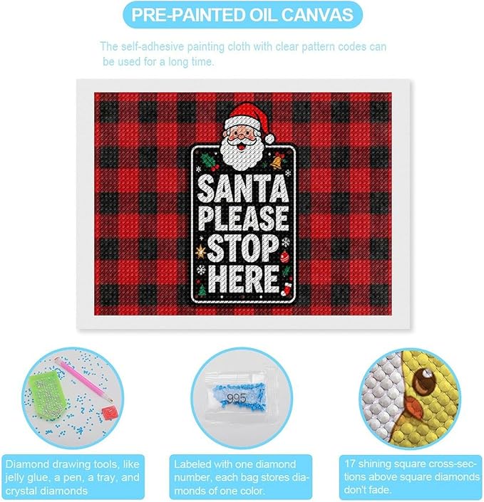 AIVKIEJK Diamond Painting Kits for Adults - Holly & Stars, Santa Please Stop Here Painting DIY 5D Full Drill Diamond Dots Paintings with Diamonds Gem Art and Crafts Home Decor 12"x16"