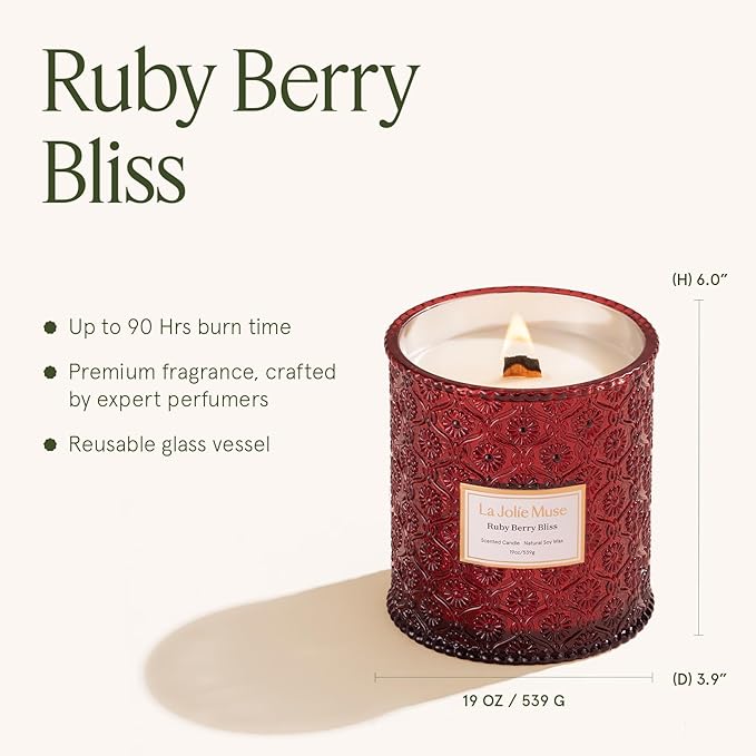 LA JOLIE MUSE Ruby Berry Bliss Scented Candle | Mandarin, Cranberry & Plum | 19 oz Natural Soy Candle | Wooden Wick | 90-Hour Clean Burn | Cozy Home Decor
