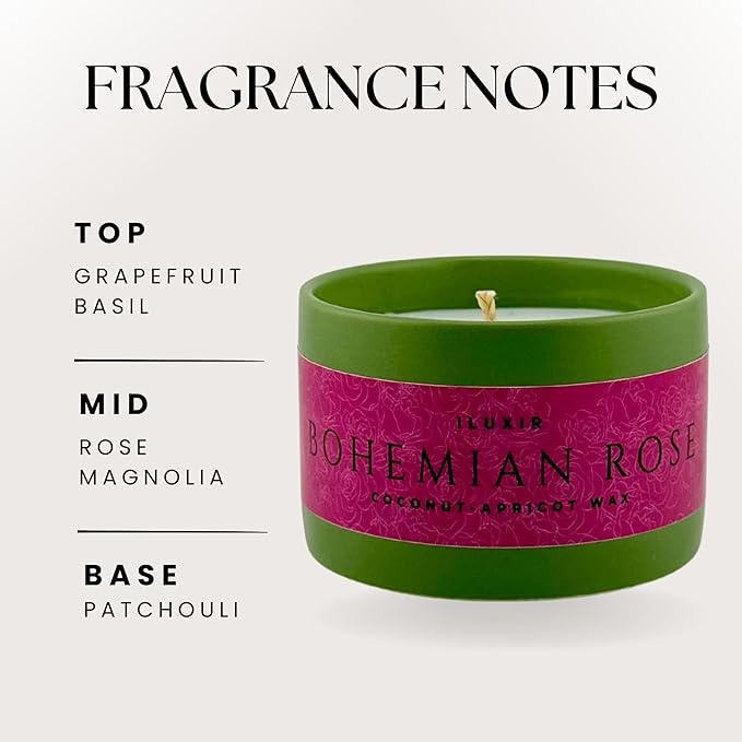 Bohemian Rose Scented Candle Fresh Floral Aroma with Rose Magnolia Patchouli Natural Coconut Wax Long-Lasting Non-Toxic Eco-Friendly Home Office Décor Relaxation Handcrafted Luxury (5 oz.)