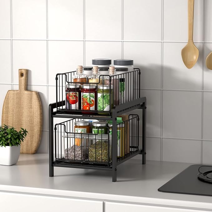 NPPLUS 2-Tier Under Sink Organzier: Iron Under Sink Cabinet Organizers With Sliding Drawer - Pull Out Home Storage For Bathroom Kitchen Desktop (Black)
