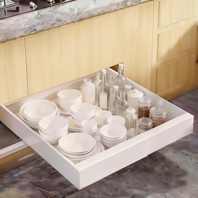 1-Pack Expandable Pull Out Cabinet Organizer 21" Deep with 3 Slide Rails, Adjustable Width (12"-22") Drawer Organizer for Kitchen Pantry Base Cabinets, Fixed with Roll Out Shelves Adhesive, White