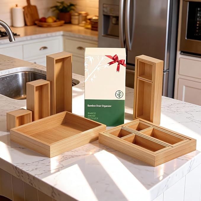 Bamboo Drawer Organizer 7 Pcs for Kitchen Multi-purpose Storage Dividers for Kitchen, Office, Jewelry, Cosmetics, Wooden Drawer Dividers for Drawer Organizer Desk Organizer Gift for Women Gifts Idea