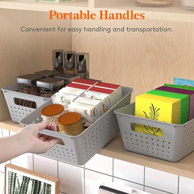 Lifewit Plastic Storage Basket for Organizing, 10 Pack Stackable Open Containers, Multi Size Storage Bins for Shelving, Pantry, Office and Cabinet, 6 Large and 4 Small Size, Gray