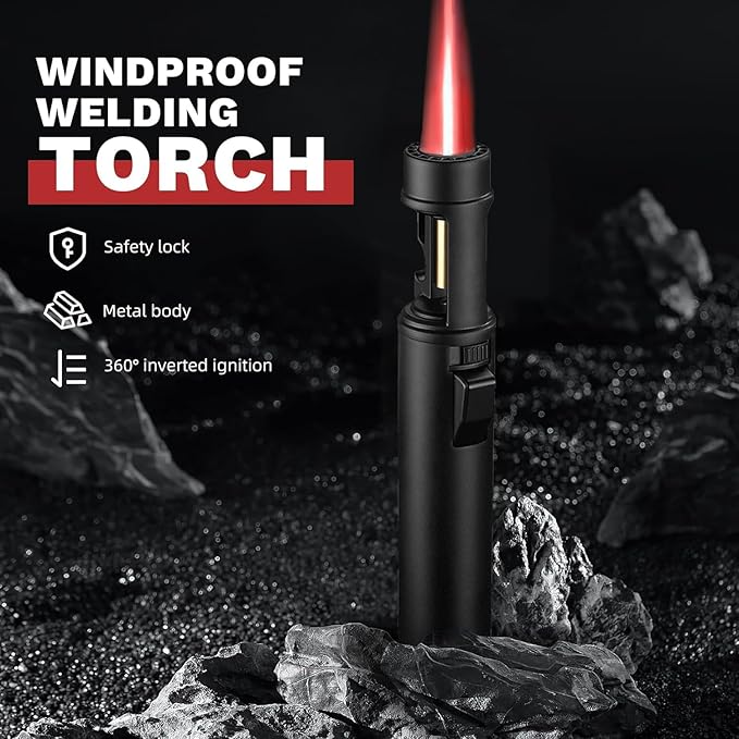 Torch Lighter, Butane Refillable Multifunction Straight Flame Bright Lighter Windproof Adjustable Color with Safety Lock Jet Lightsaber Flame for Outdoor, Campfires, BBQ, Candles, Camping
