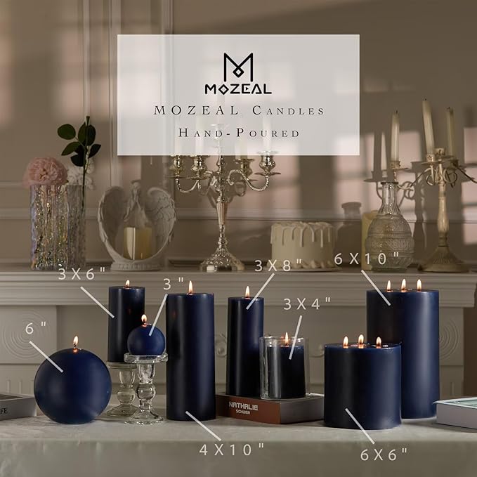MOZEAL 3" x 8" Hand-Poured Unscented Large Candle,Smokeless Rustic Pillar Candle Set of 2,Slow Burn,No Drip,Approx 150 Hours Burning,Wedding,Dinner,Christmas and Home Decorative,Tall Navy Blue Candle