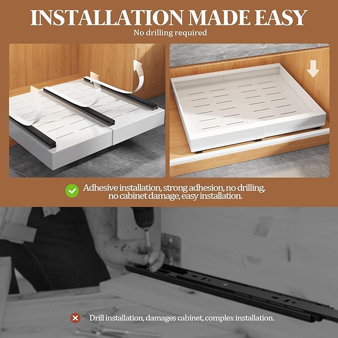 4 Pack Expandable Pull Out Cabinet Organizer 21"Deep With Raising Pad for Framed Cabinets,Upgrade 3 Slide Rails Slide Out Drawers,No Drill Roll Out Shelves,Adjustable Width 12.1"-20.4" White