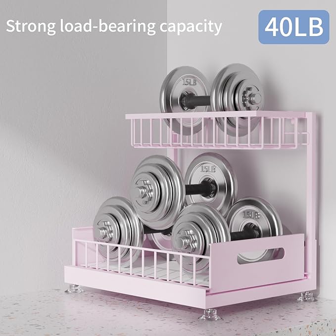 Saydear Under Sink Organizer Storage 2-Tier Premium Metal Pull-Out Kitchen Cabinet Organizer with Sliding Drawer, Height Adjustable, Heavy Duty for Kitchen & Bathroom Organizers 2 Pack Pink