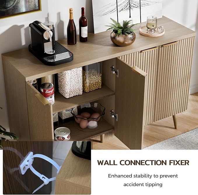 47.2" Sideboard Buffet Cabinet with Storage, Modern Fluted Accent Credenza with 4 Doors, Buffet Media Console Entryway Cabinet with Adjustable Shelve for Living Dining Room Hallway, Natual Oak