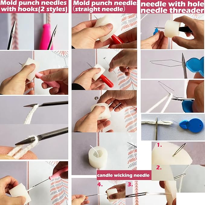 119PCS Candle Making Kit Mold Punch Needle with Hook Eye,Candle Wick Inserting Tool for Molds Long Wick Needle for Candle Making,Candle Wick Roll 200 Ft 24 Wick Spool,100 Piece 6" Natural Candlewick