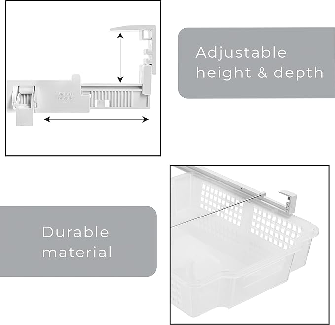 Smart Design Adjustable Pull Out Refrigerator Drawer - Extra Large - BPA Free Plastic - Holds 20 lbs - Extendable Sliding Fridge Bin, Freezer, Pantry Food Holder Storage Organizer - Kitchen - Clear