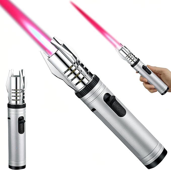 Torch Lighter, Refillable Butane Windproof Jet Lighter with Safety Lock & Adjustable Flame for Cooking, Camping, BBQ, Baking, Kitchen, Outdoor (No Gas Included) - Silvery