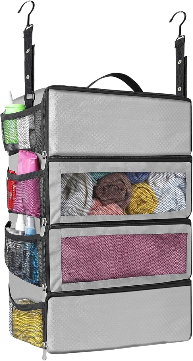 esouler Suitcase Organizer, Travel Luggage Organizer hanging packing cubes for travel，portable hanging travel shelves Collapsible closet organizer for Carry-on (Grey, Medium)
