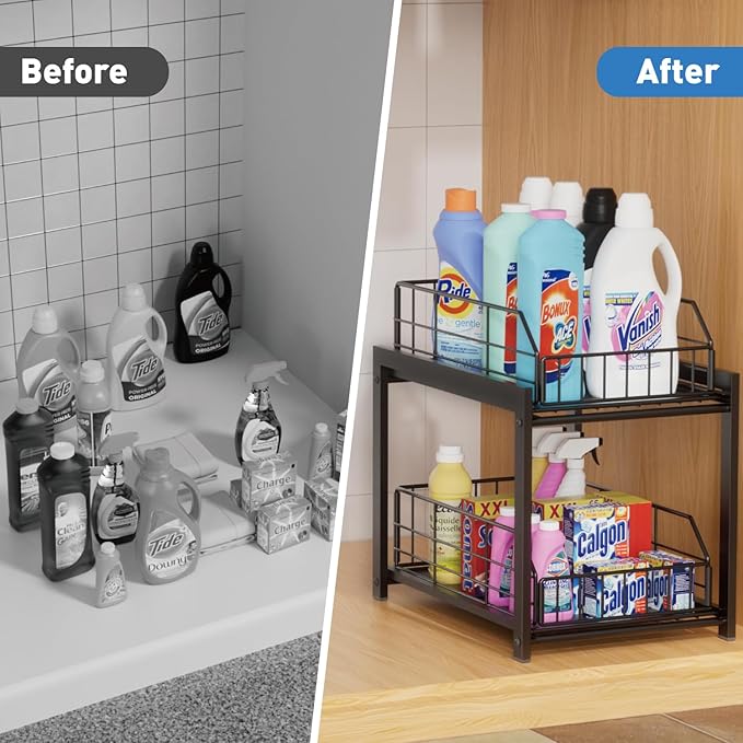 2 Tier Sliding Basket Drawer Organizer, Pull Out Under Sink Cabinets Organizers, Metal Home Shelf for Bathroom or Kitchen, Sliding Countertop or Pantry Storage Shelf, Black