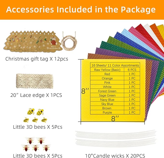 Lacaser Beeswax Sheets for Candle Making Kit, Pure Bees Wax Made Candle Sheets, Include Bee Ornaments, Lace, Cotton Wicks, Gift Tag & Hemp Rope, Size 8"x 8", 16pcs in Assorted Colors