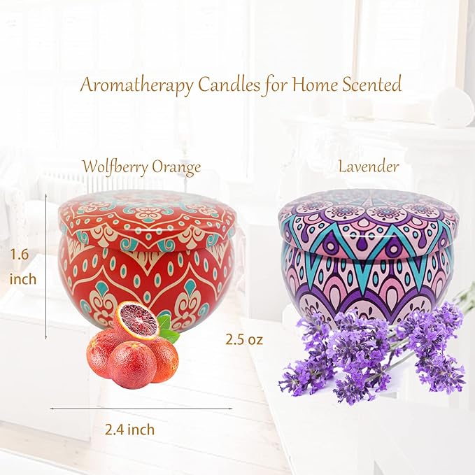 Scented Candles Gift Set - Aromatherapy Candle for Home, Portable Hotel Small Candles, Natural Soy Wax Tin Jar for Yoga, Bath, 2.5 Oz Long Lasting Time Gift for Women 2 Pack