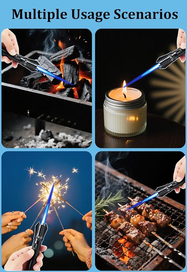 Torch Lighter - Windproof Jet Flame Refillable Butane Lighter with Adjustable Flame, Lightsaber Design, Visible Window, for Kitchen, Outdoor(Gas Not Include) (Black & White)