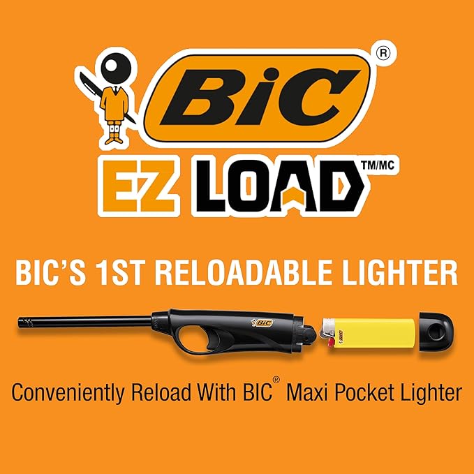 BIC EZ Load Lighters, Long Lasting Reloadable Design, Assorted Colors, Pack with 2 EZ Load Long Lighter Shell and 2 Maxi Pocket Lighters (Colors May Vary)