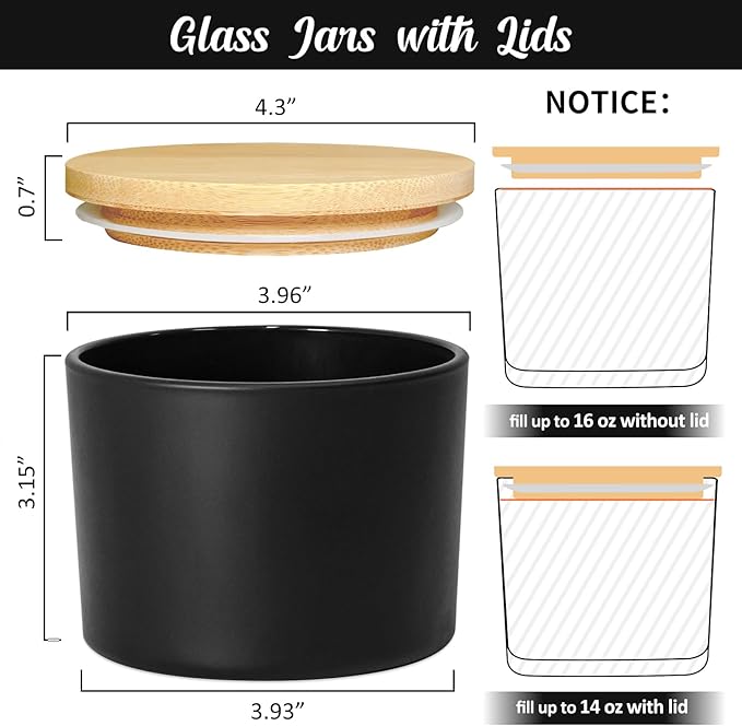 SUPMIND 16oz Candle Jars 6 Pack, 3 Wick Matt Black Glass Empty Candle Jars with Bamboo Lids for Candle Making, Large Wide Mouth Candle Container Bulk for 12/13/14/15oz Candles, with Stickers and Label