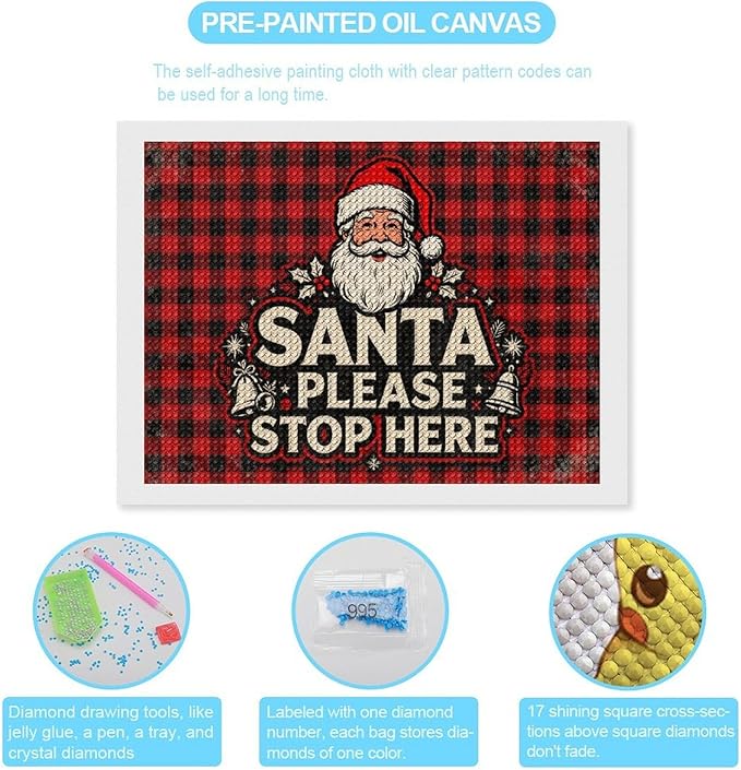 AIVKIEJK Diamond Painting Kits for Adults - Christmas Santa Please Stop Here Painting DIY 5D Full Drill Diamond Dots Paintings with Diamonds Gem Art and Crafts Home Decor 12"x16"