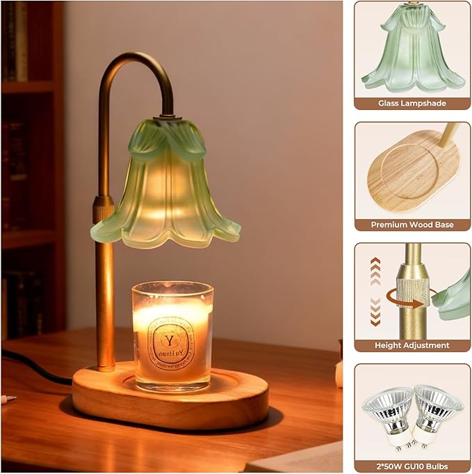 Candle Warmer Lamp with Timer Dimmable, Wax Melt Warmer Adjustable Height, Flower Warmer Lamp with 2 Bulbs for Jar Candles, House Warming New Home Decor, Gift for Mom Women (Green)