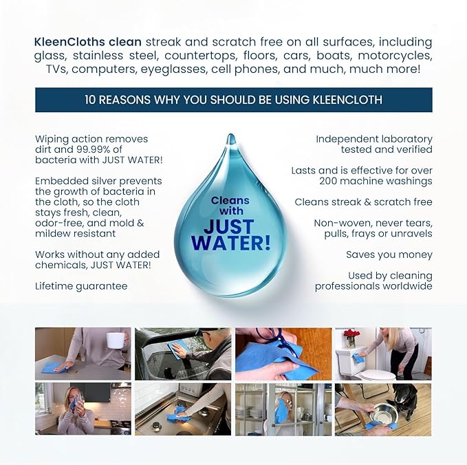 Reusable Antibacterial Cleaning Cloths – Removes 99.99% of Bacteria with Just Water | Silver-Embedded, Chemical, Odor, Streak & Scratch-Free for All Surfaces | 8 Pack