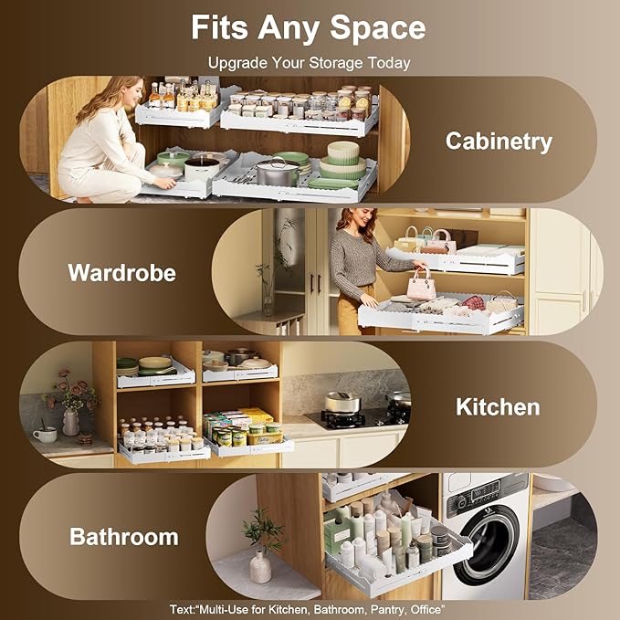 Pull Out Drawers for Cabinets, Expandable Pull Out Cabinet Organizer 11-18" Width,13-24" Depth, Roll out Shelves for Cabinets Without Lip, No Drill Adjustable Slide out Drawers for Kitchen & Pantry