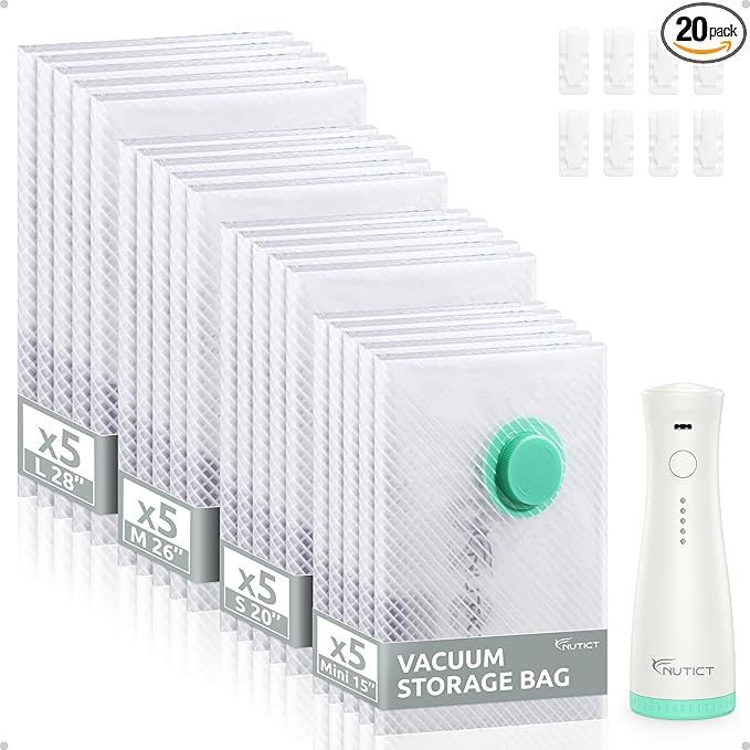 NUTICT 20-Pack Travel Vacuum Storage Bags, Rechargeable Electric Pump, Space Saver Compression Packing Bags for Luggage & Suitcase, Long-Term Reusable Seal Bag for Clothes, Bedding, Seasonal Storage